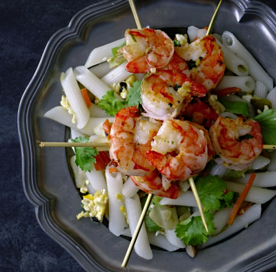 recept na penne - SMAŽENÉ RÝŽOVÉ TĚSTOVINY S KREVETAMI